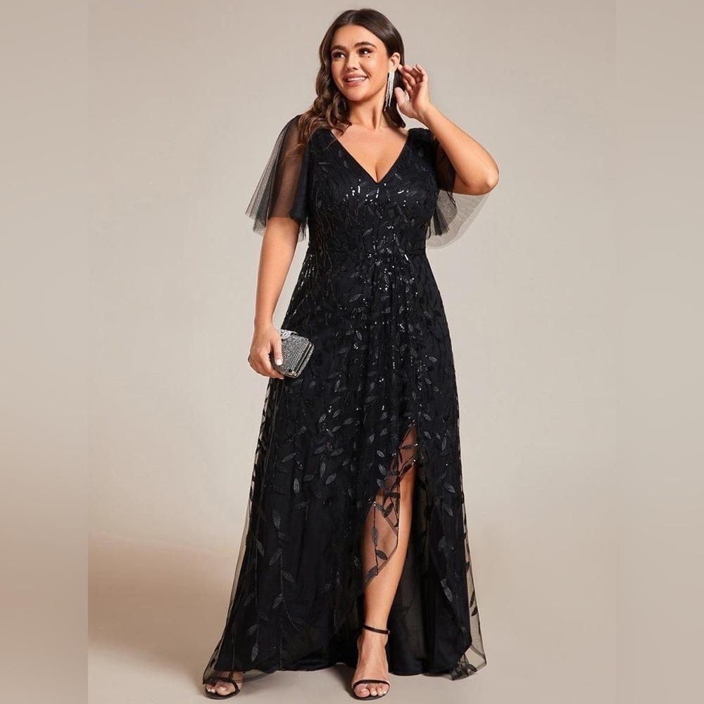 🆕 Plus Size Short Sleeves Sequin High Low V-Neck Midi Formal Evening Dress
